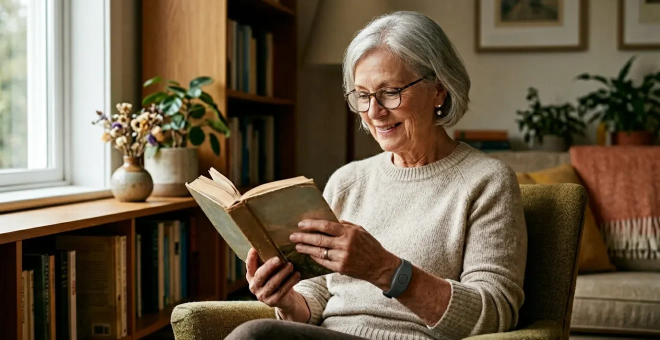 Senior actif portant un bracelet alarme discret au poignet dans un intérieur chaleureux