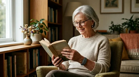 Senior actif portant un bracelet alarme discret au poignet dans un intérieur chaleureux