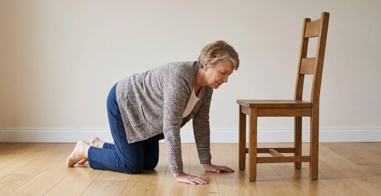 Senior en position à quatre pattes près d'une chaise solide, se préparant à se relever en toute sécurité après une chute