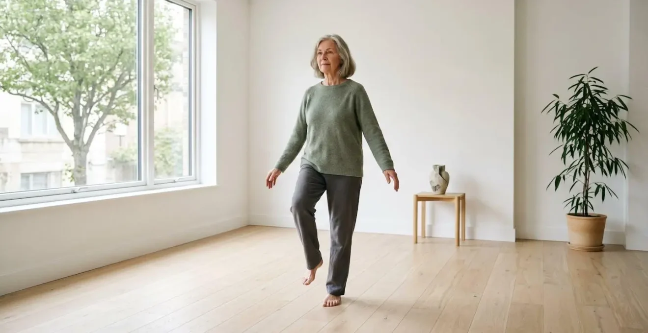 Senior debout en position d'équilibre dans un intérieur minimaliste baigné de lumière naturelle