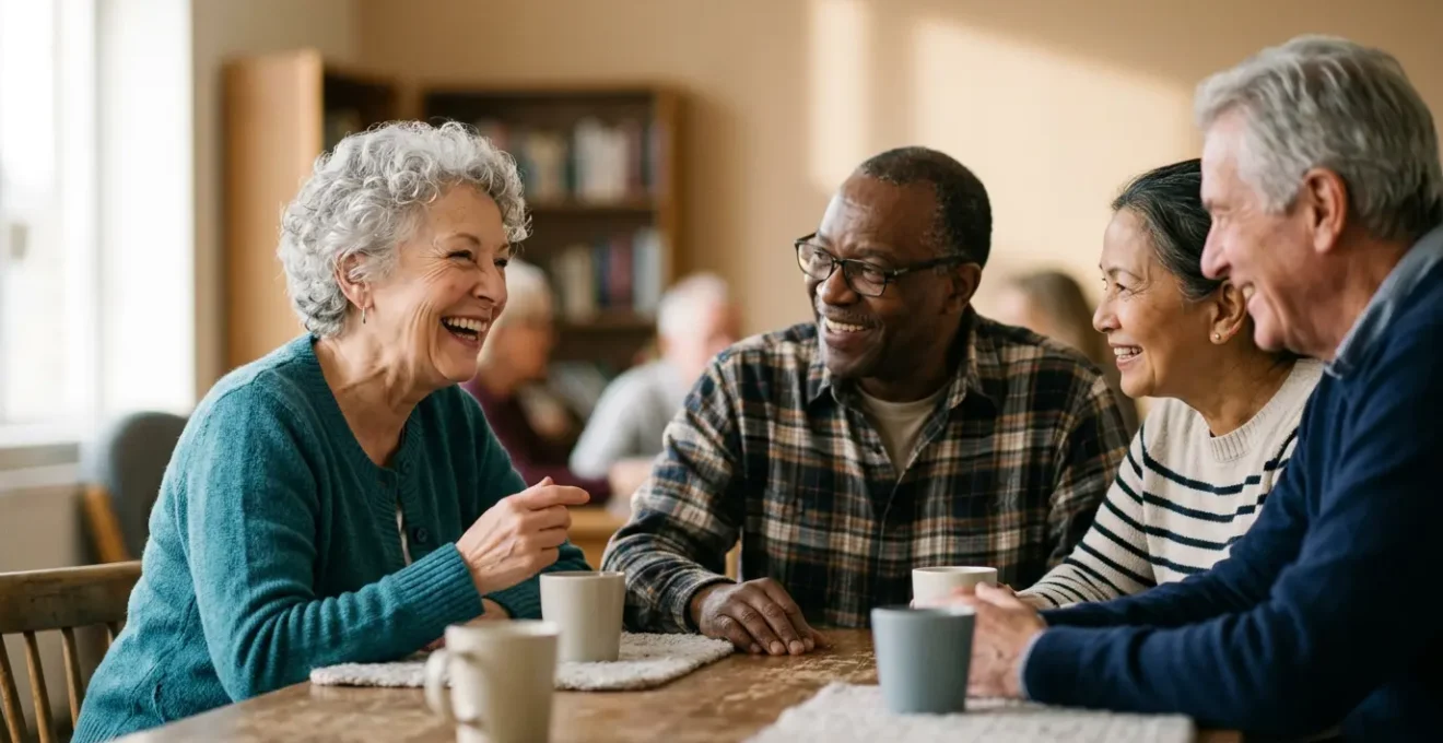 Groupe de seniors souriants partageant une activité sociale ensemble dans un espace convivial
