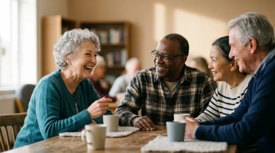 Groupe de seniors souriants partageant une activité sociale ensemble dans un espace convivial