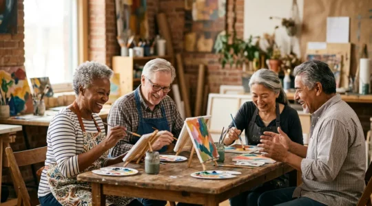 Groupe de seniors épanouis participant à des activités sociales variées