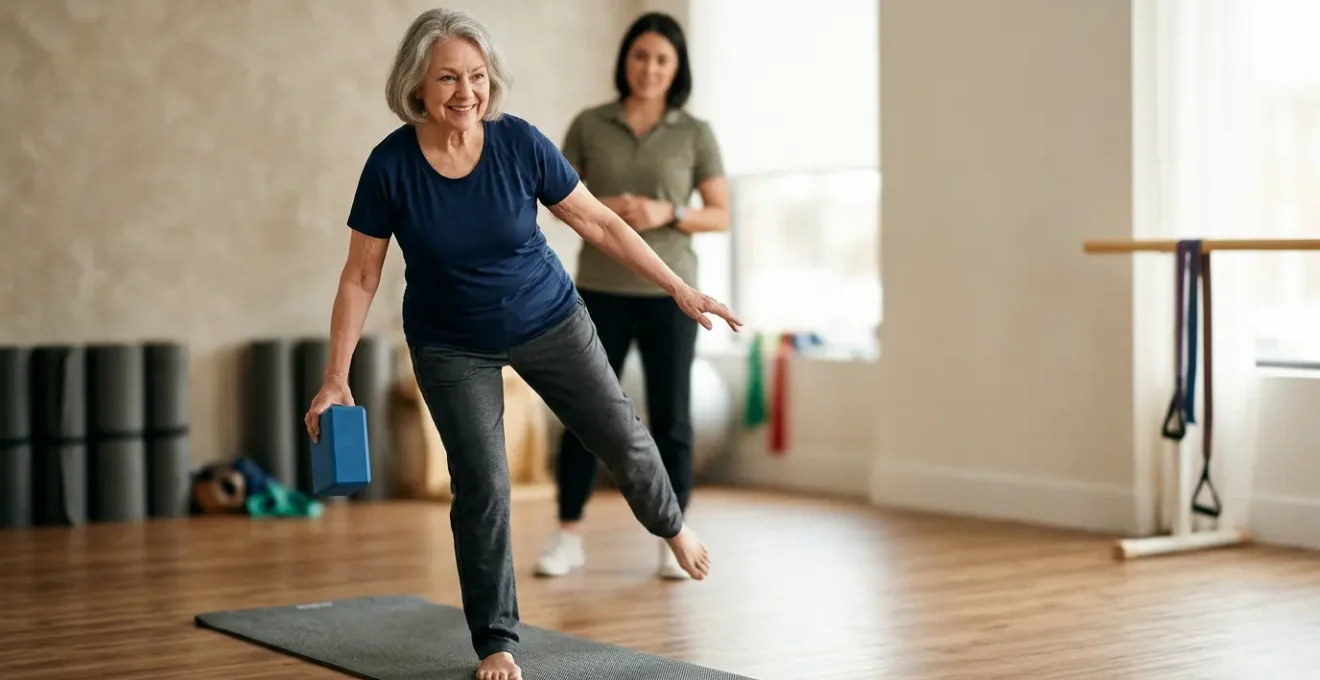 Senior pratiquant une activité physique douce encadrée par un professionnel de santé dans un environnement lumineux et apaisant