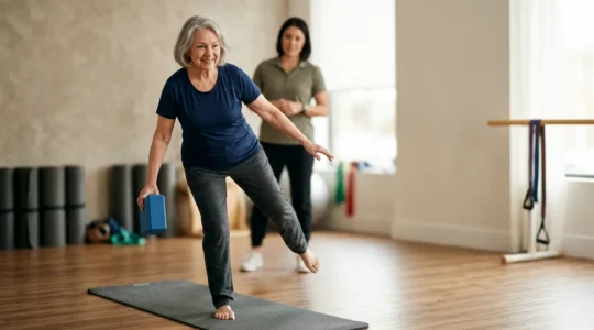 Senior pratiquant une activité physique douce encadrée par un professionnel de santé dans un environnement lumineux et apaisant