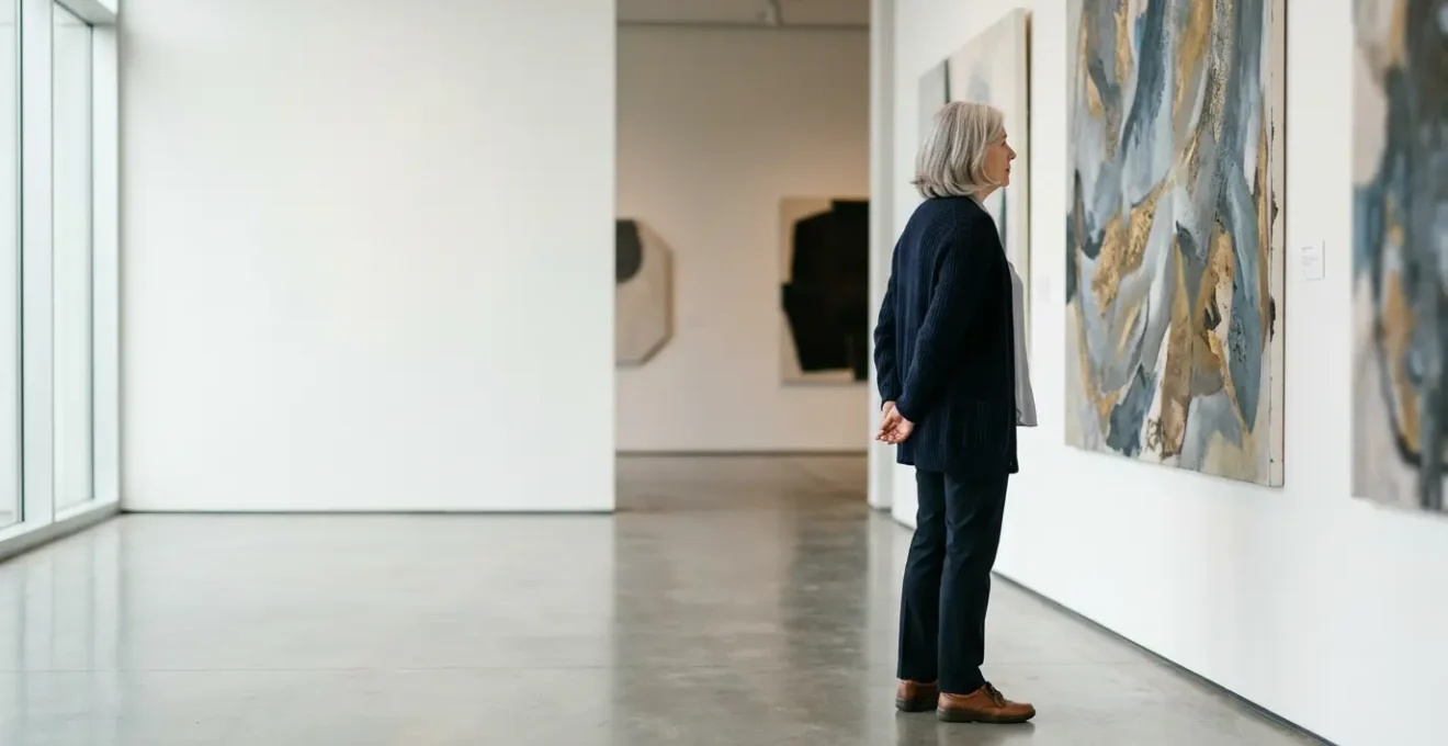 Senior visitant une exposition dans un musée, découvrant des œuvres d'art avec plaisir