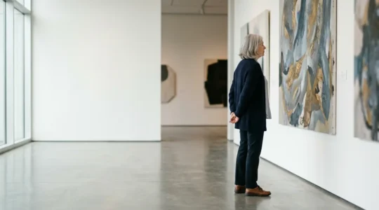 Senior visitant une exposition dans un musée, découvrant des œuvres d'art avec plaisir