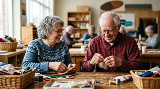 Seniors engagés dans une activité bénévole collective dans un environnement chaleureux et solidaire