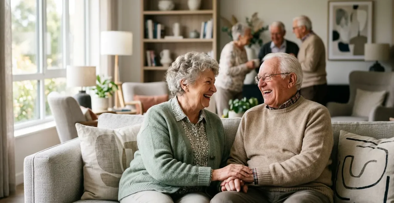 Couple de seniors souriants dans un espace commun lumineux d'une résidence services, environnement moderne et chaleureux