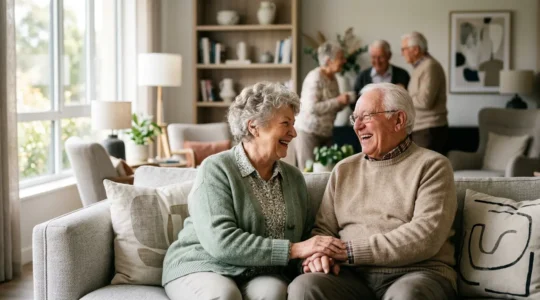Couple de seniors souriants dans un espace commun lumineux d'une résidence services, environnement moderne et chaleureux
