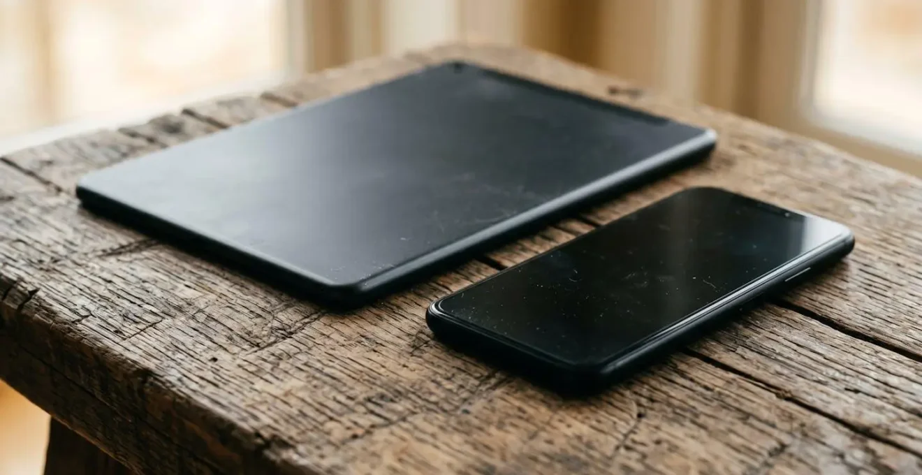 Vue macro d'une tablette et d'un smartphone posés sur une surface en bois patiné, éclairés par une lumière naturelle douce, évoquant des objets peu utilisés