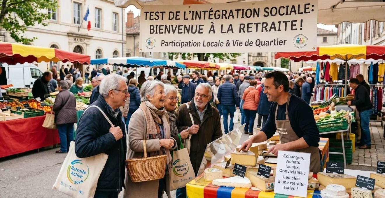 Scène de marché local français illustrant le test d'intégration sociale pour les futurs retraités