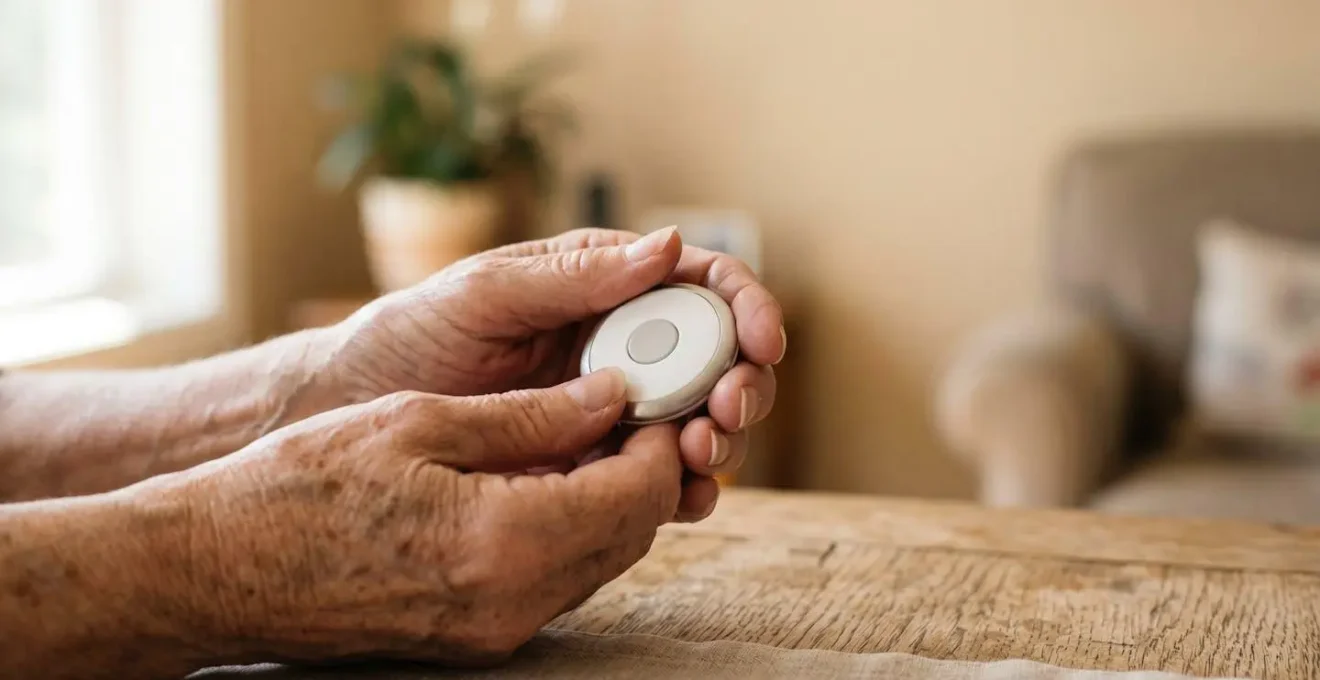 Main d'un senior français testant un médaillon de téléassistance dans une ambiance domestique rassurante