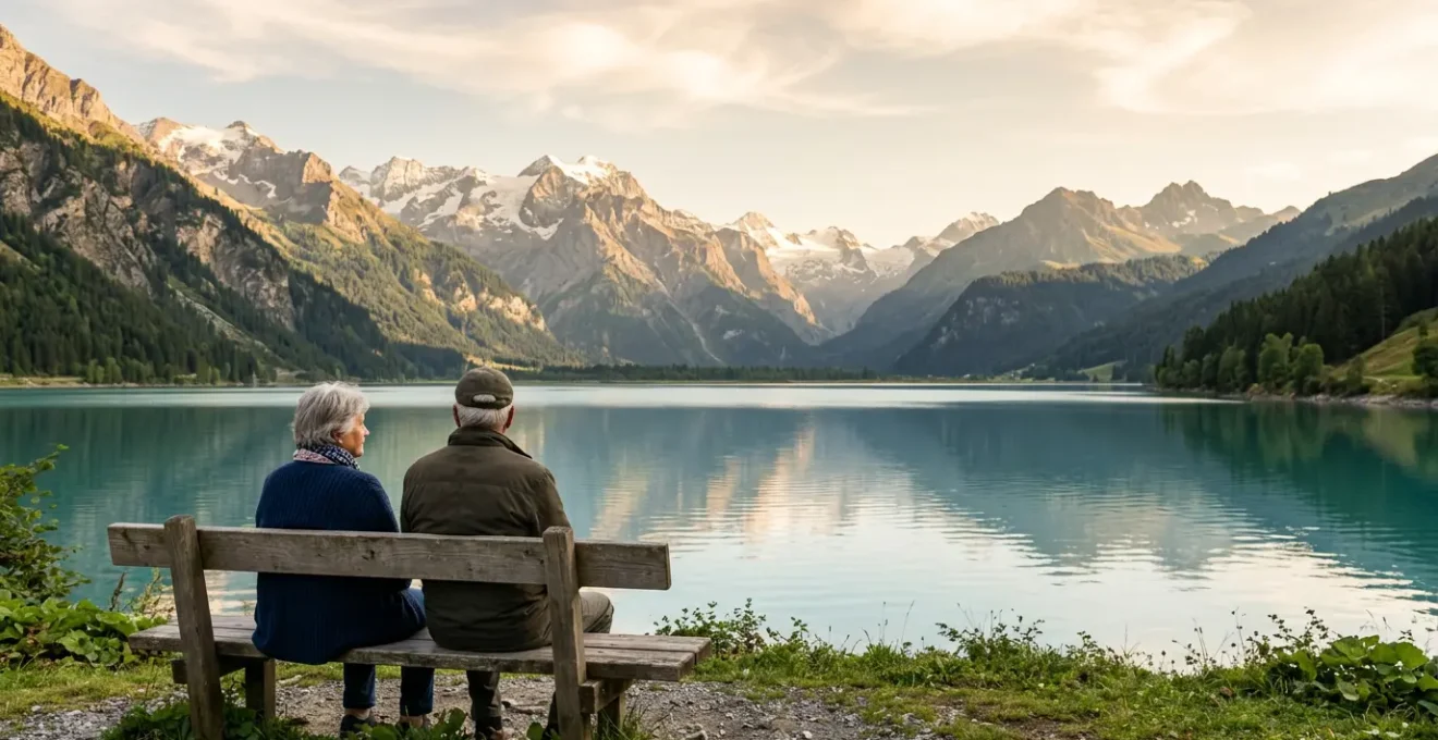 Seniors se relaxant au bord d'un lac de montagne dans un cadre paisible