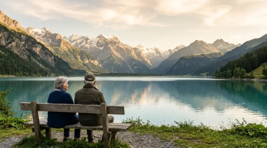 Seniors se relaxant au bord d'un lac de montagne dans un cadre paisible