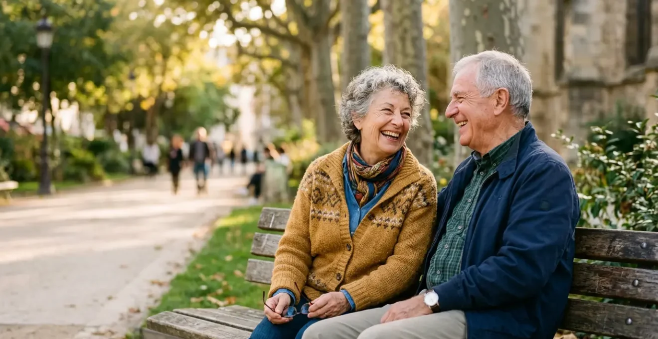 Deux seniors actifs profitant d'un moment convivial en plein air dans un parc français