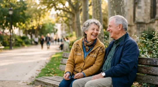 Deux seniors actifs profitant d'un moment convivial en plein air dans un parc français