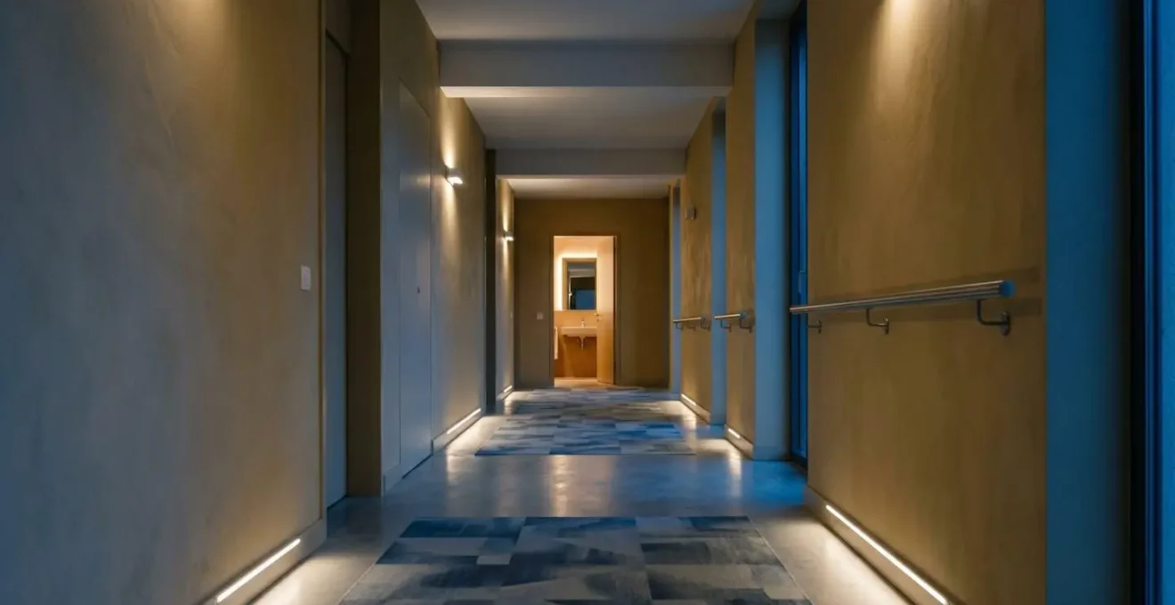 Intérieur domestique au crépuscule montrant les zones de circulation avec éclairage d'ambiance sécurisé