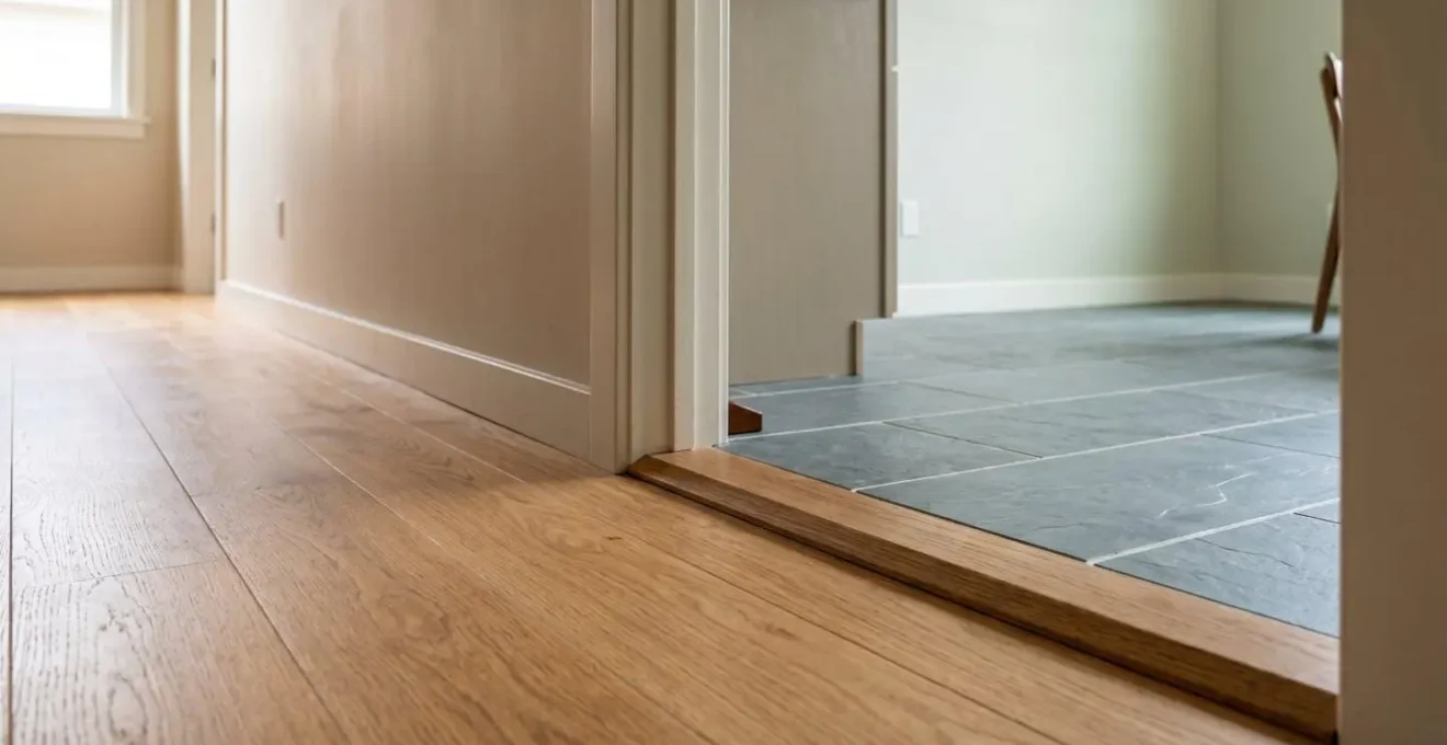 Zone de transition entre deux surfaces dans une maison montrant un seuil de porte