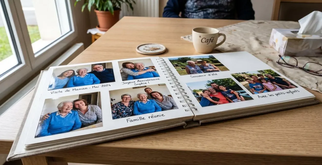 Album photo de famille ouvert sur une table, montrant des photographies récentes dans un environnement de maison de retraite