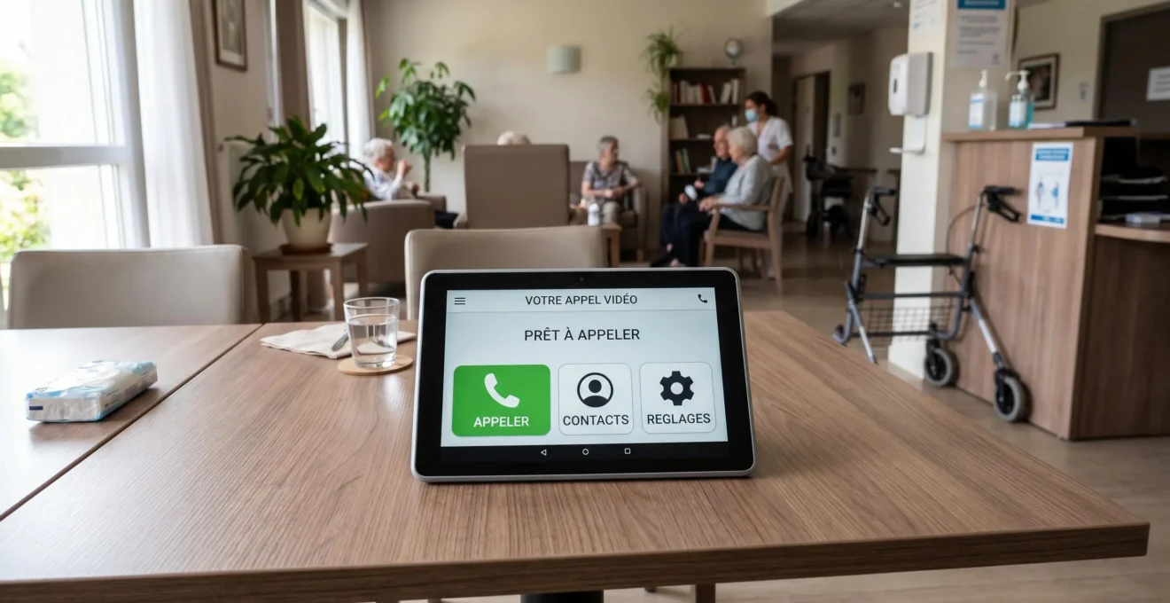Tablette tactile posée sur une table de chambre de maison de retraite, affichant une interface de visioconférence simplifiée en français
