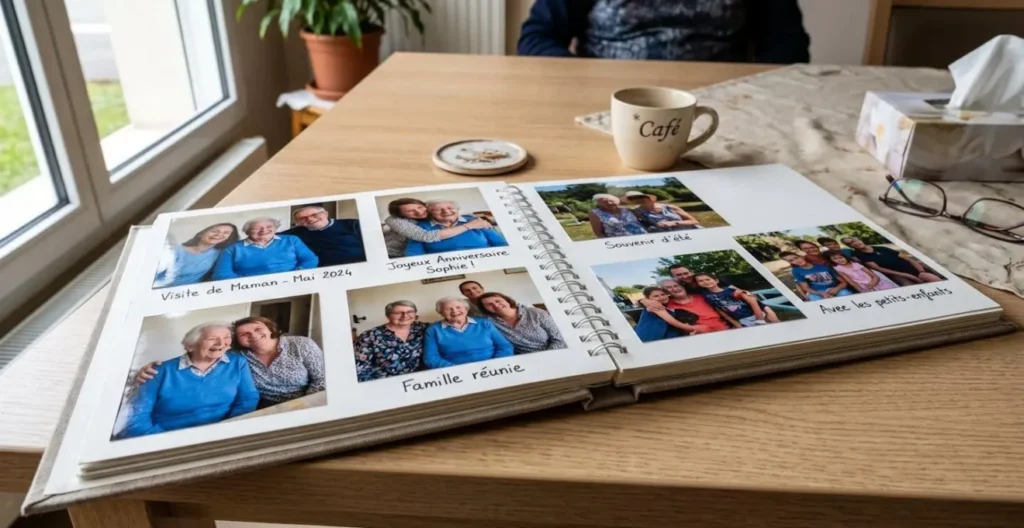 Album photo de famille ouvert sur une table, montrant des photographies récentes dans un environnement de maison de retraite Album photo de famille ouvert sur une table, montrant des photographies récentes dans un environnement de maison de retraite